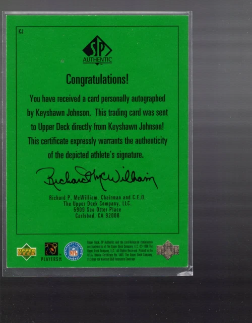 A7570- 1998 SP Authentic Player's Ink Green #KJ Keyshawn Johnson Auto - NM-MT - Image 2 of 2