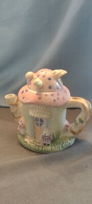 Collectors Pink mushroom teapot Rabbit House with birds  5'' tall 