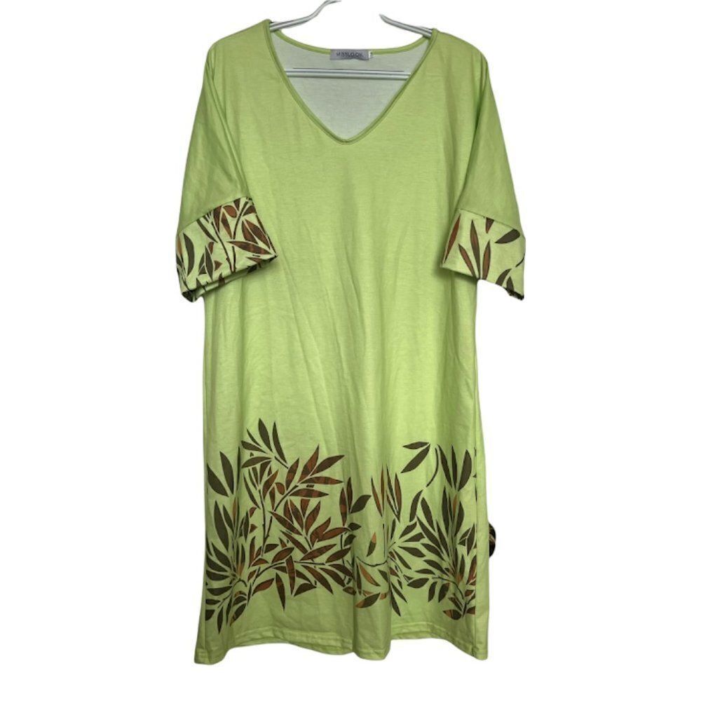 Misslook Women's Midi Dress Bamboo Printed Boho V-Neck Short Sleeve Size M Lime