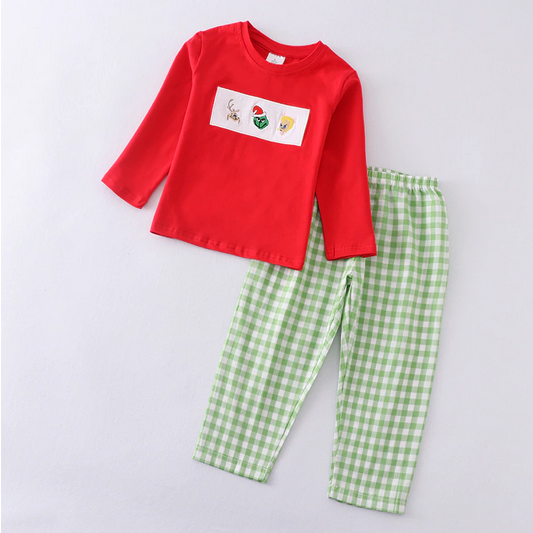 NEW Boutique Grinch Stole Christmas Boys Embroidered Panel Plaid Pants  Outfit