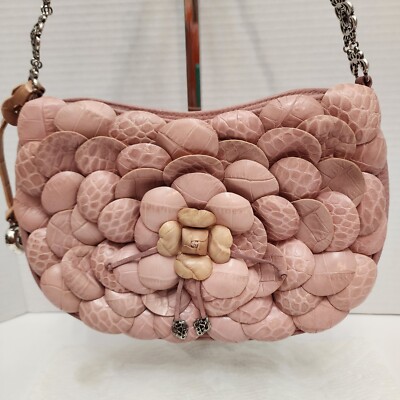 Brighton Rosalie Pink Leather Handbag Silvertone Detail with 3D Flower Petal VTG