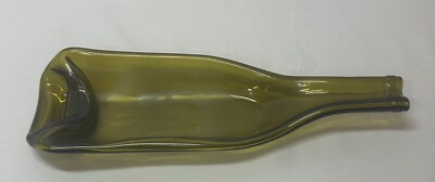 Flattened Melted Green Glass Wine Bottle Spoon/Fork Holder Cheese Tray Decor