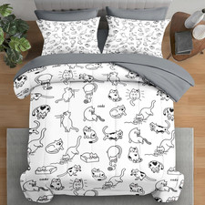 Funny Cat Comforter Set Twin Size - 5 Pcs Bedding for Kids  Adults