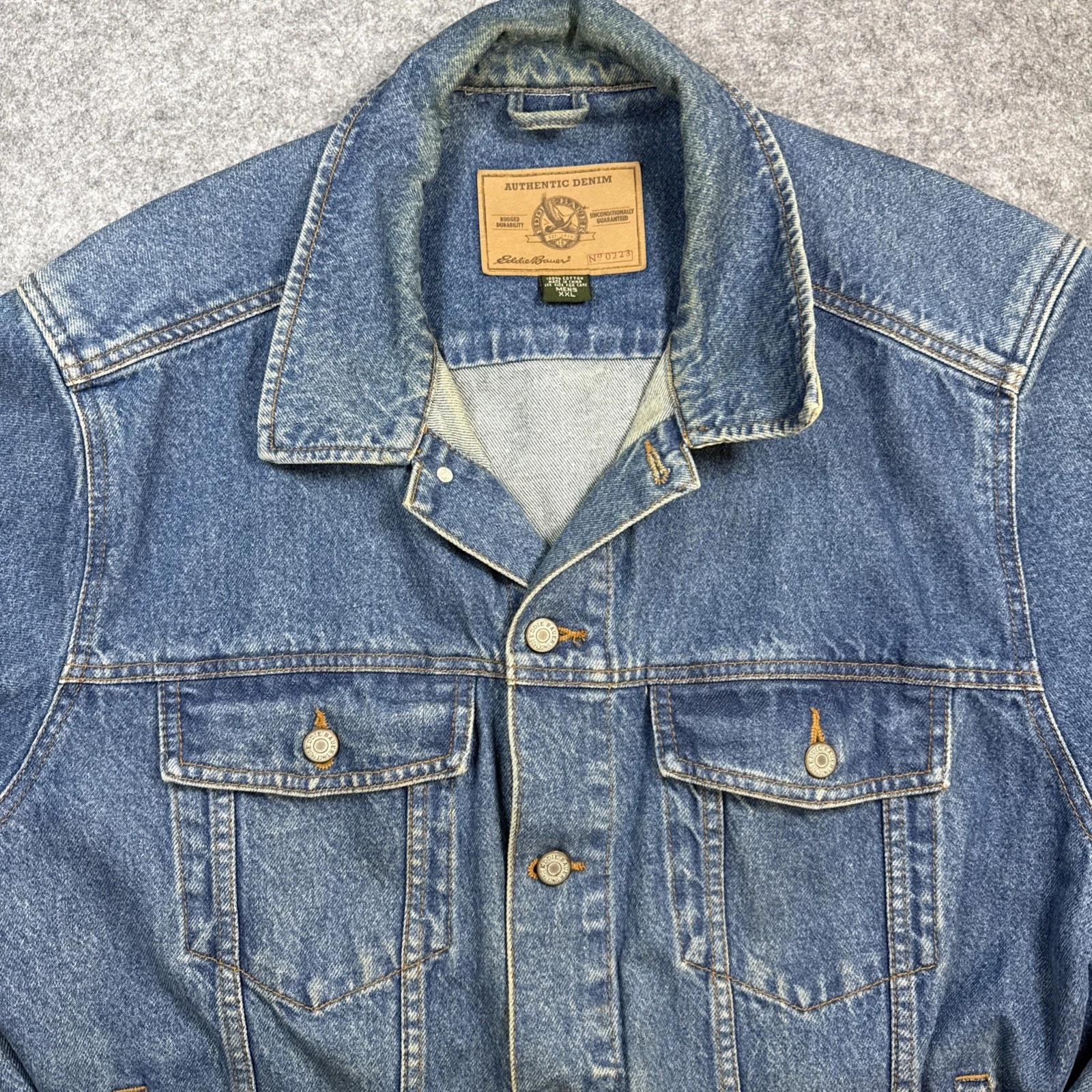 Eddie Bauer Denim Jacket Mens XXL Trucker Blue Jean Four Pockets Button Up