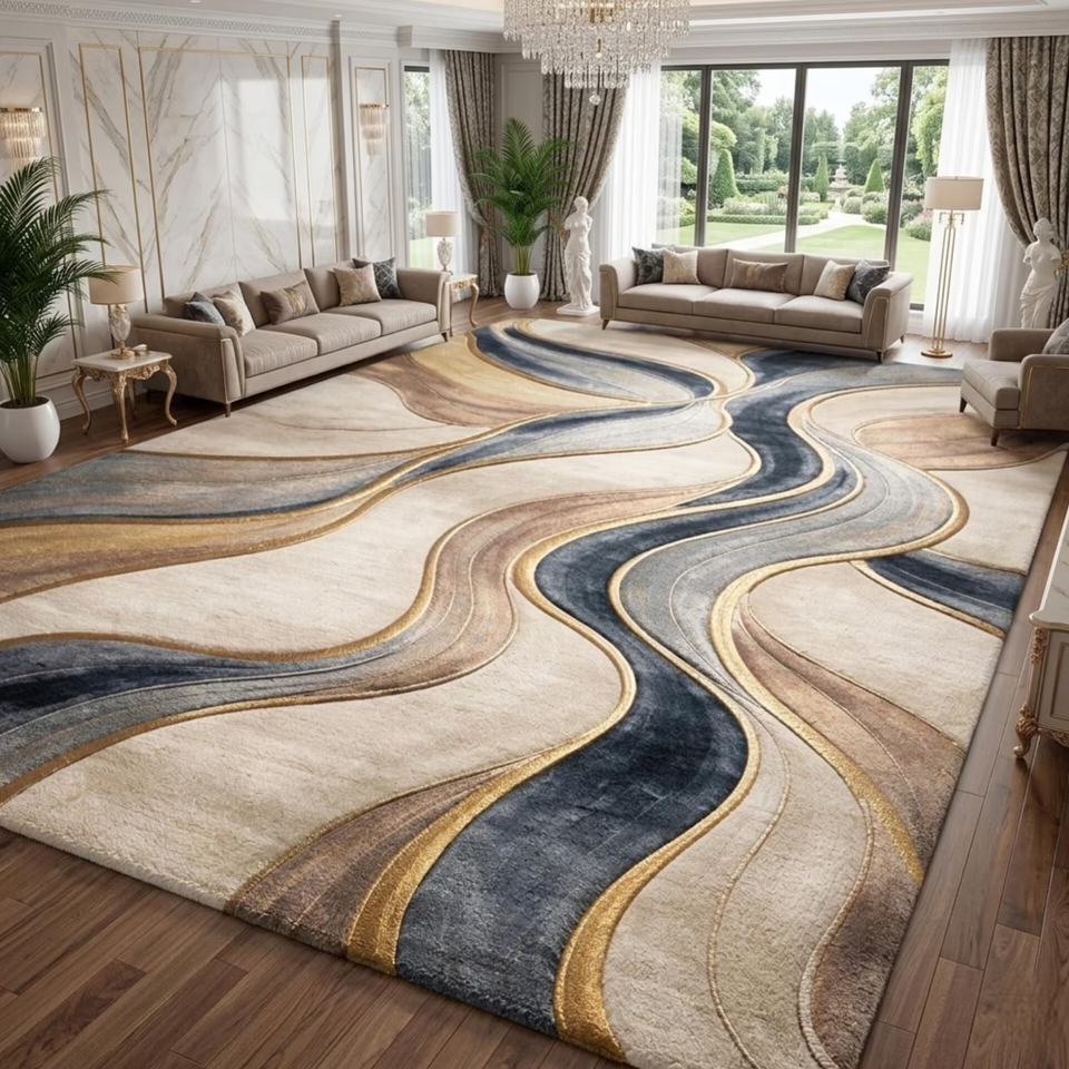 Hand Tufted Abstract Modern Wave Pattern Rug, Neutral Beige Blue Gold ...
