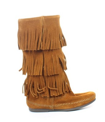 Minnetonka Womens 3 Layer Fringe Brown Moccasin Boots Size 5