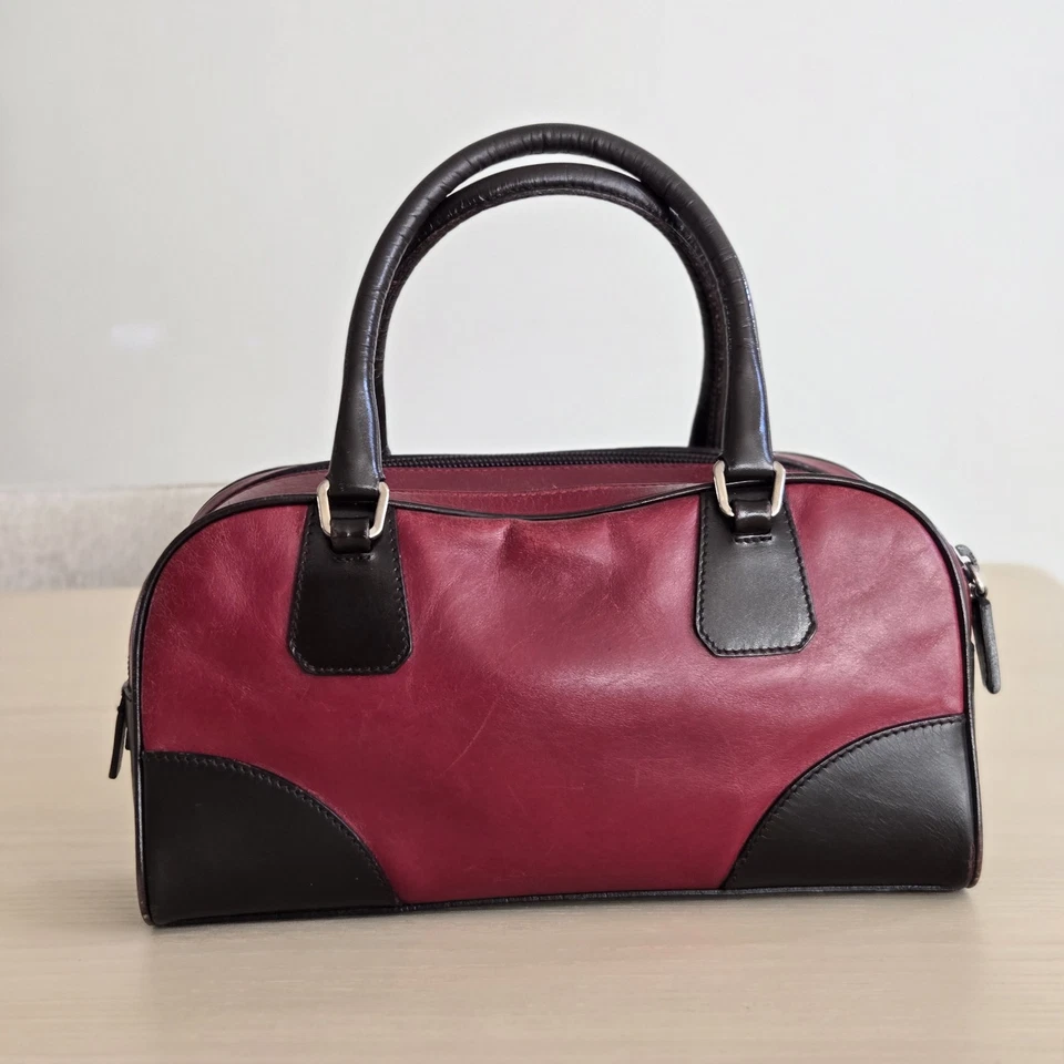 Vintage PRADA Leather Bowling Bag In Red And Brown  - Image 2 of 4