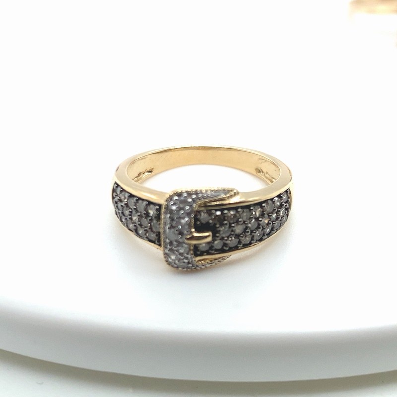10K SOLID YELLOW GOLD CHOCOLATE & WHITE DIAMOND BELT BUCKLE RING SIZE 6