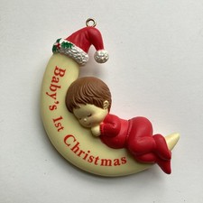 Vintage Russ Berrie Baby  s First Christmas Ornament Santa Hat Moon Sleeping Nap