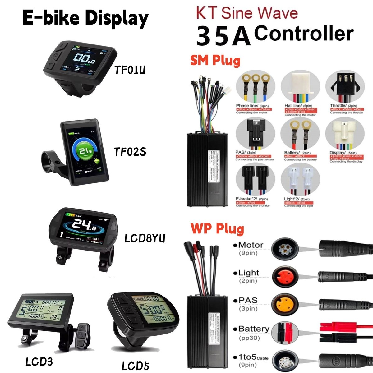36V/48V/52V E-bike KT 35A Sine Wave Controller w/LCD Display+Thumb