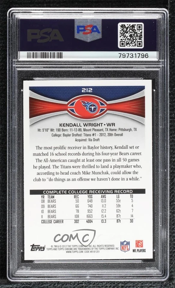 2012 Topps Chrome Kendall Wright (Catching Football) #212 PSA 9 MINT Rookie RC - Image 2 of 2