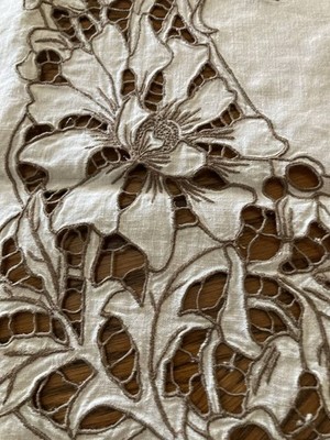 Vintage MADEIRA Hand Embroidered Cutwork Linen Tablecloth 52x70 Deep Coffee Embr