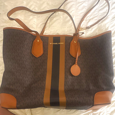 Michael Kors Large Brown MK Monogram Tote Shoulder Strap Gold Hardware Charm