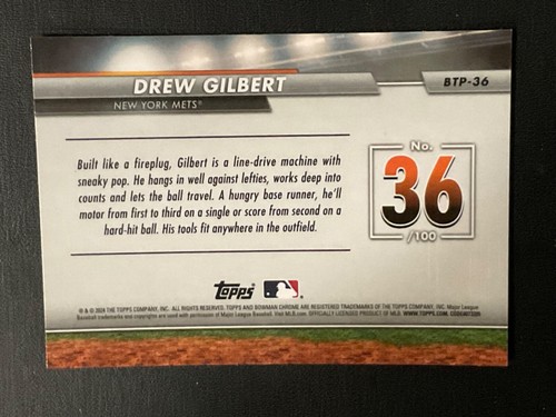 Drew Gilbert 2024 Bowman Top 100 Prospects Chrome Card BTP-36 Mets - Picture 2 of 2