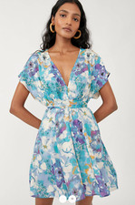 EUC Free People Freddy Tie Mini Blue Floral Dress Tie Front ~ XS