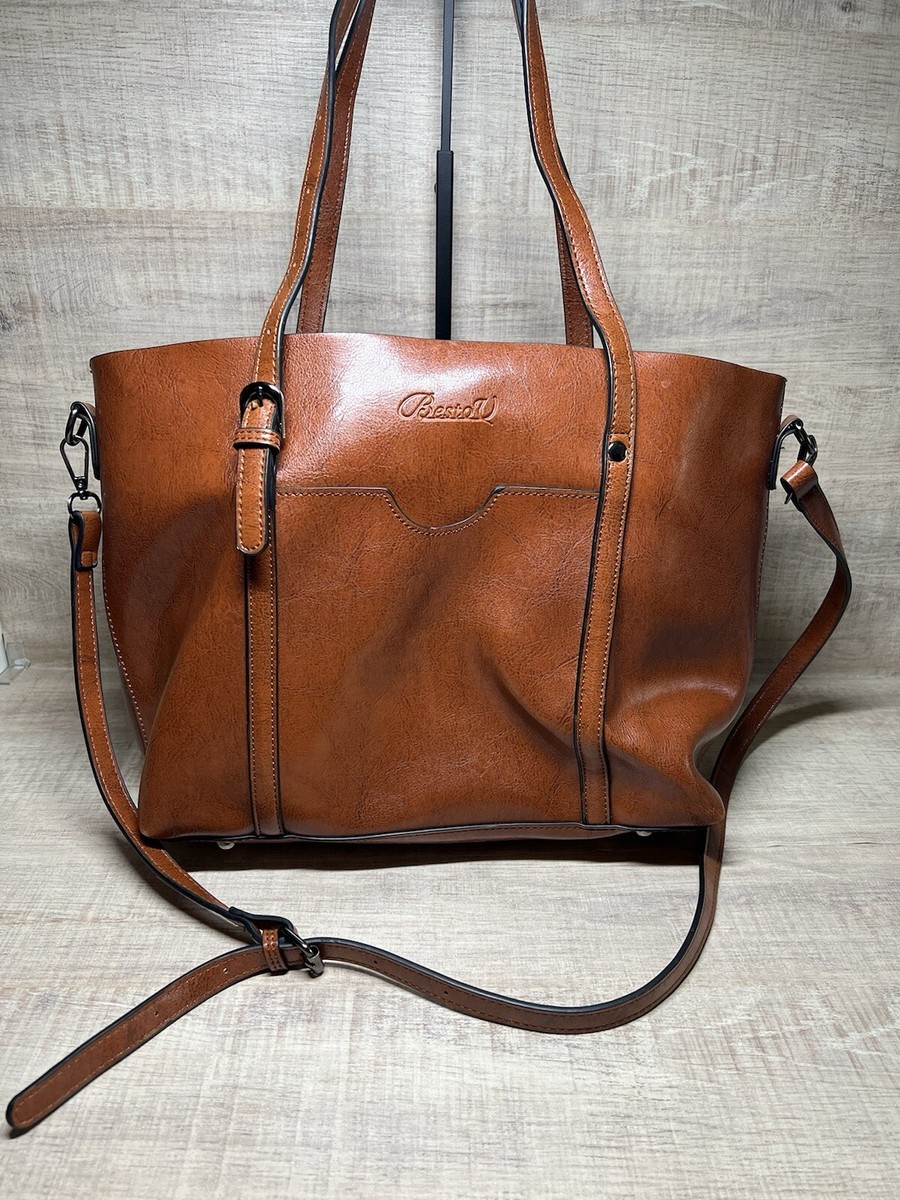 Besto U Brown Leather Shoulder Handle Bag Tote Purse Zip Closure Cross Body