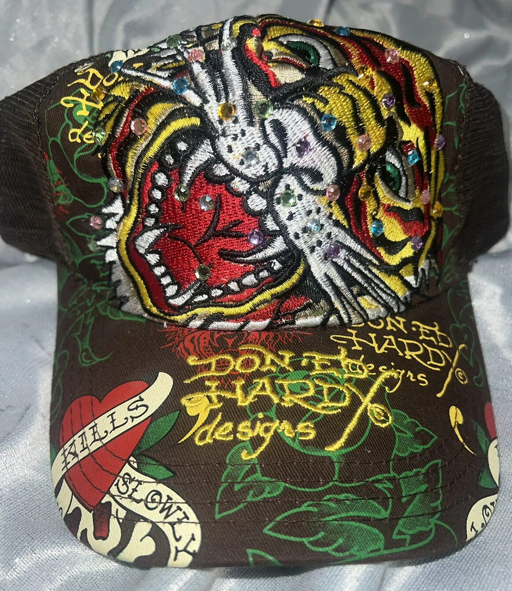 VTG Christian Audigier Don Ed Hardy Rhinestone Tiger Love Kills Trucker Hat  new