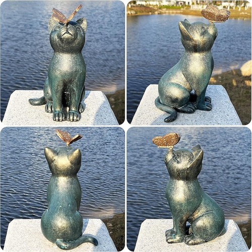 Cat Statue Garden Outdoor Decor, with Butterfly Statues, Green - Picture 6 of 6