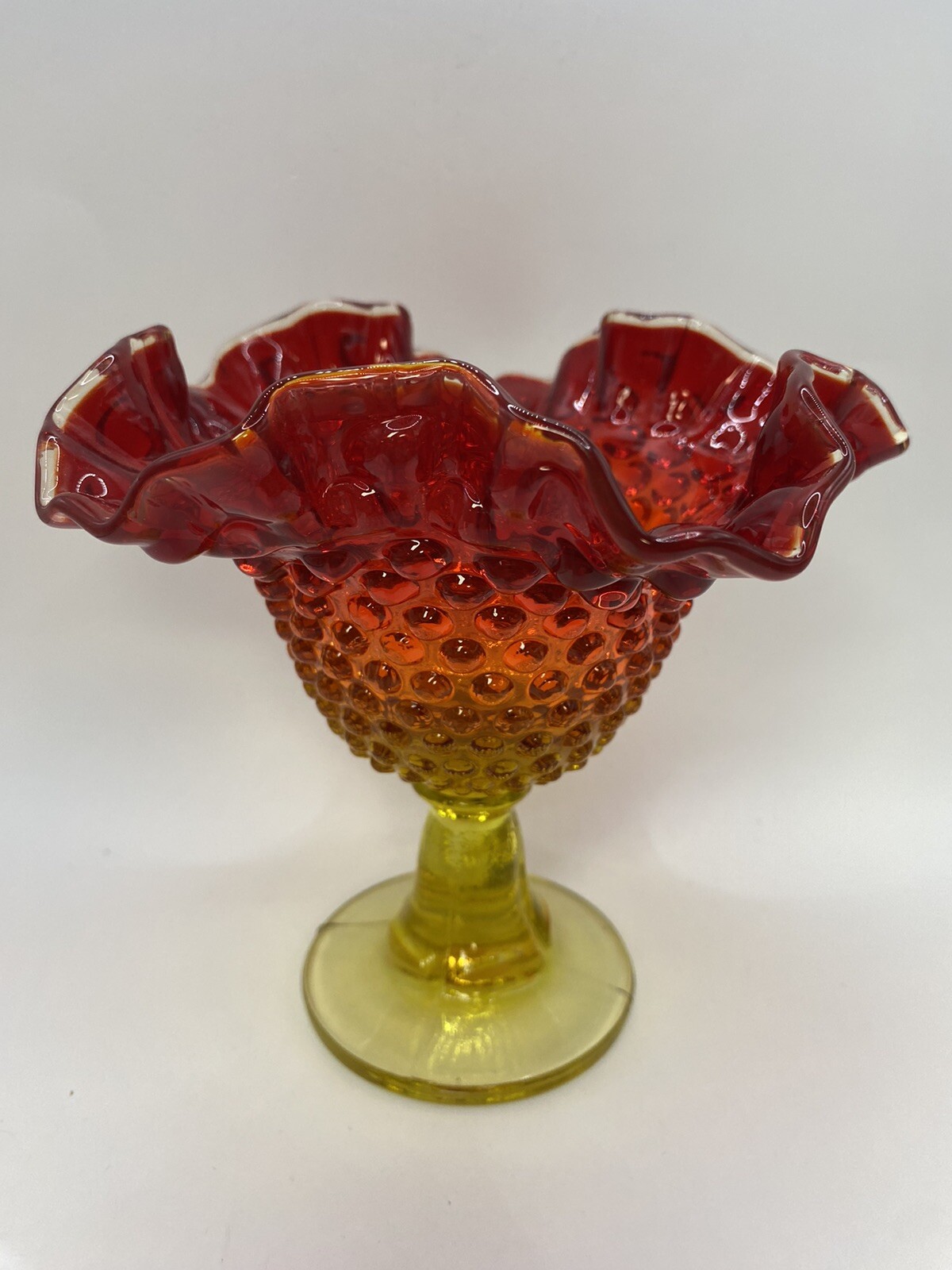 FENTON COLONIAL ORANGE AMBERINA HOBNAIL RUFFLED COMPOTE CADMIUM GLOWS