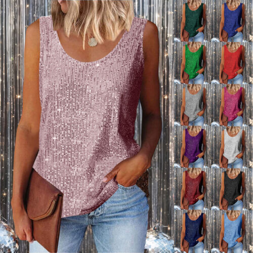 Womens Sexy Sequins Vest Top Tank Sleeveless Bling Glitter Party Camisole Blouse