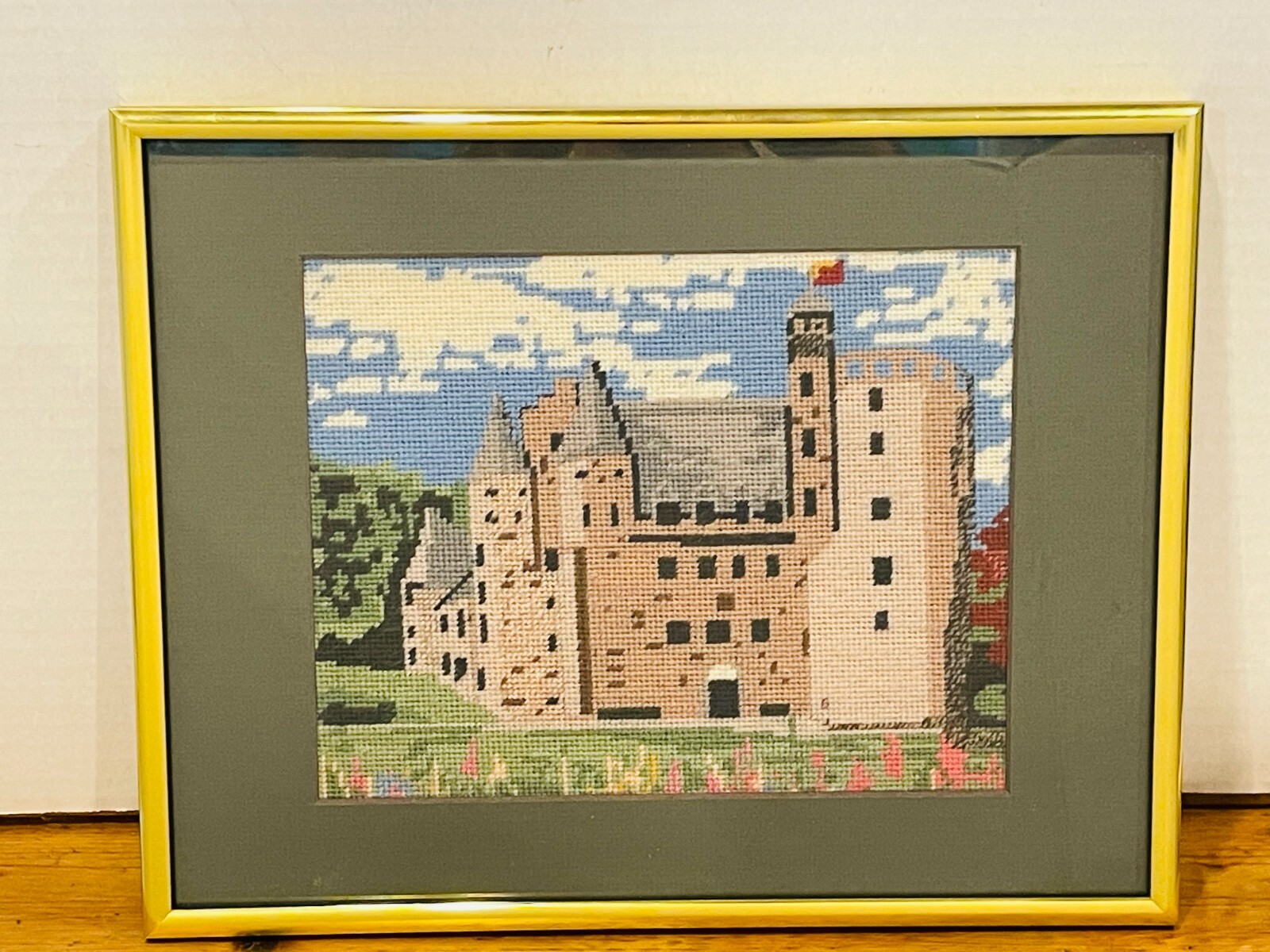 Vintage Castle Floral Counted Cross Stitch Needlepoint Framed 14x11 Inch