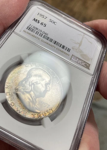 Rainbow Toned 1957 Franklin Half Dollar NGC MS65 Toning Toner PQ 50c Rare Silver