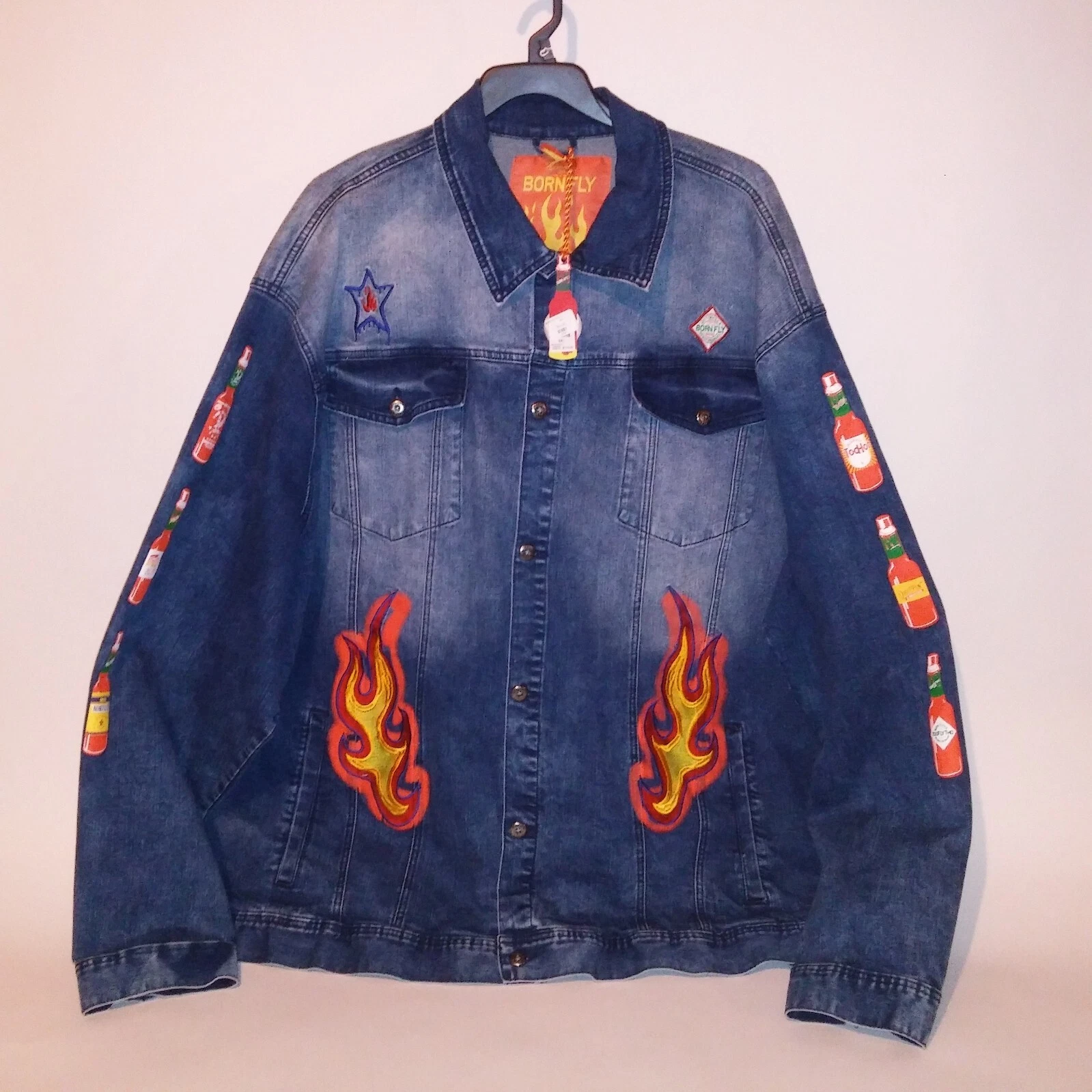 Born Fly Mens Denim Jacket 6X Blue Orange Streetwear Embroidered Hot Stuff Butto