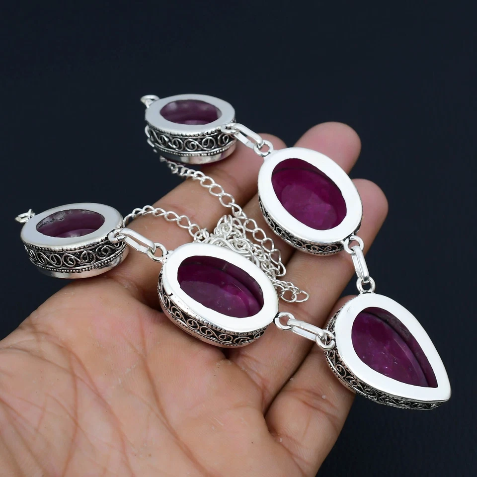 Kashmir Ruby Gemstone Necklace 925 Sterling Silver Jewelry For Birthday Gifts - Image 3 of 4