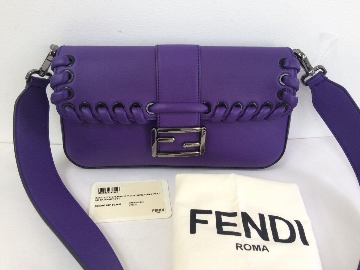 NWT FENDI Mamma Baguette Whipstitch Trimmed Leather Shoulder Bag Purple New