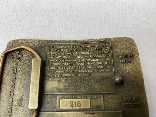 San Quentin State Prison Belt Buckle 1981 Collectors Pigville Artworks Numbered - Picture 9 of 24