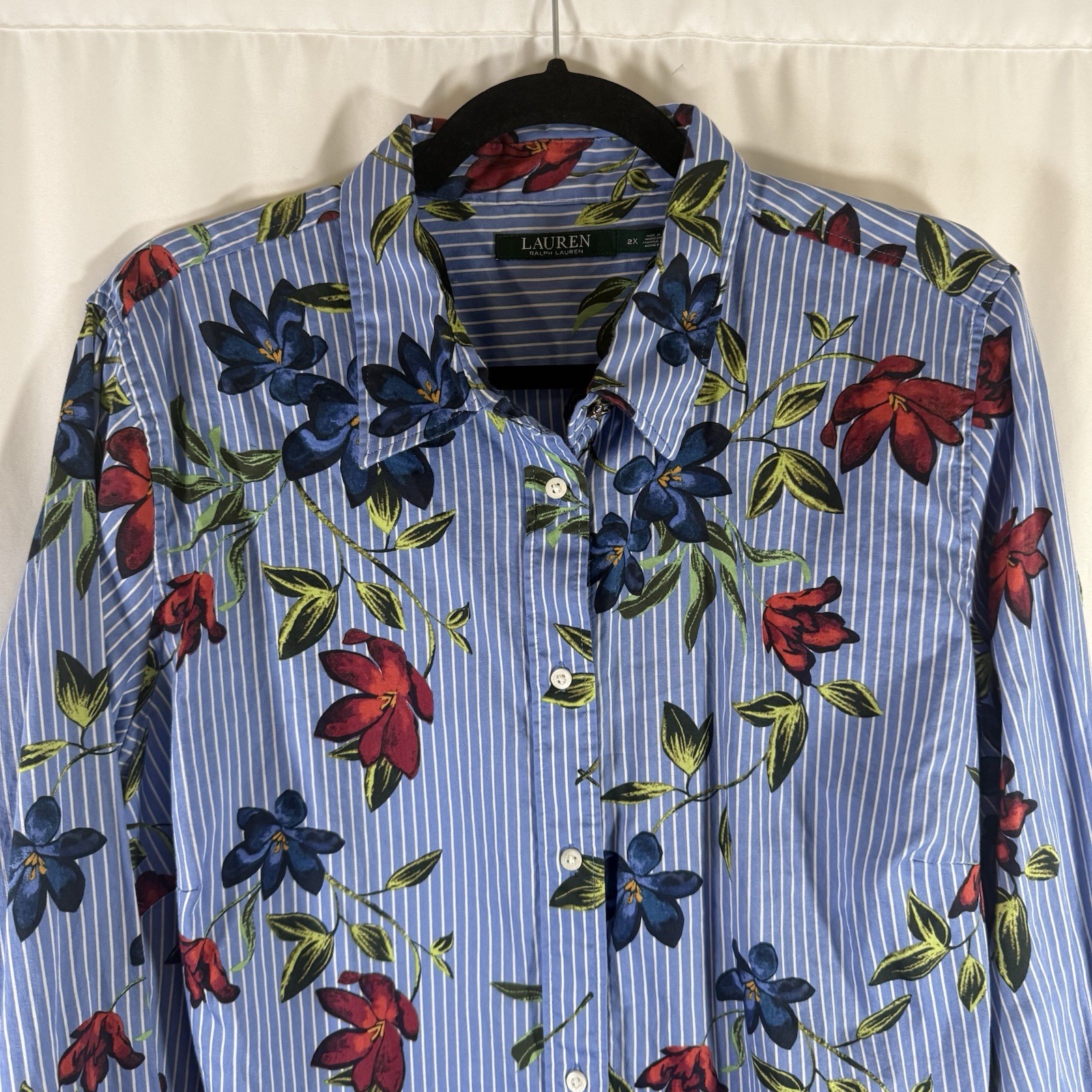 Lauren Ralph Lauren Blouse Women's 2X Blue Striped Floral Button Up Long Sleeve thumbnail 2