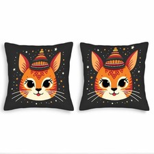 Set of 2 Decorative Throw Pillow Covers 18x18in -Whimsical Cat with Colorful Hat