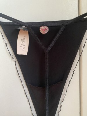 Victoria's Secret Black Thong, size M, With Pink Rhinestone Heart, very nice !