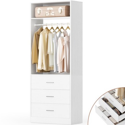 2FT Closet Organizer System with 3 Wood Drawers & Hanging Rod Walk-in Closet