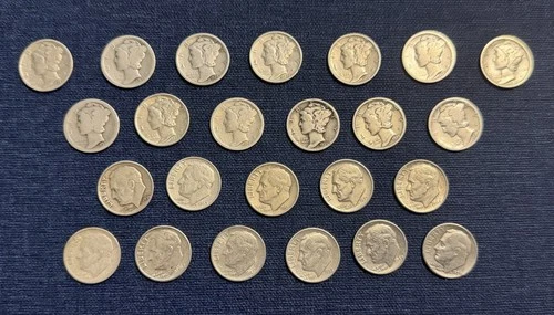 24 Silver Dimes Lot 90% Silver Mercury & Roosevelt No Reserve Barber Estate Mix