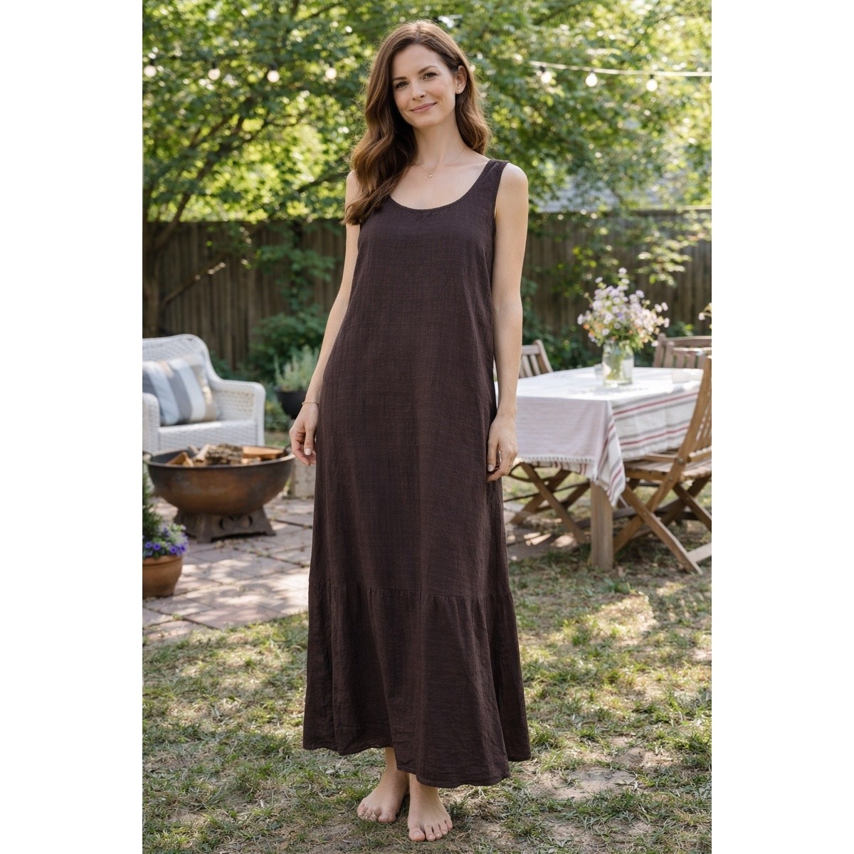 chinese dress ladies Lacy Sleeveless Linen Midi Dress in Cocoa by Dissh main image 0