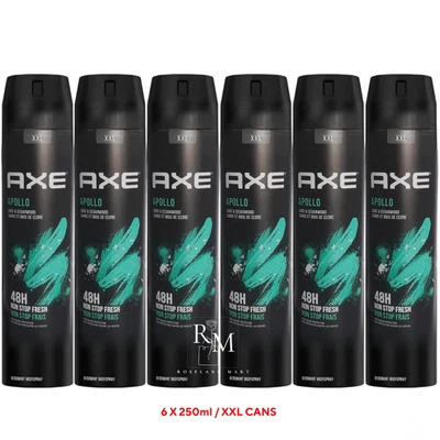 6 x 250ml XXL AXE / LYNX APOLLO SAGE & CEDARWOOD Mens 48H Deodorant Body Spray