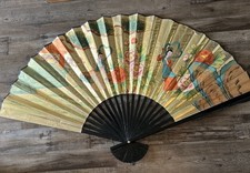VTG Large Hand Painted Folding Fan, Golden Asian Ladies Floral Scene 35" X 56"