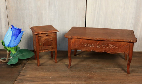 Antique French Dollhouse Dining End Table Set Hand Carved Wood -Ships DDP to USA