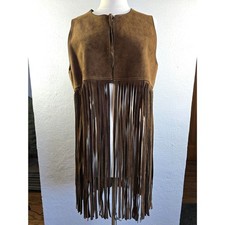 60/70s Vintage Original Hippie Brown Suede Long Fringe Vest Hand Made Spain M-L