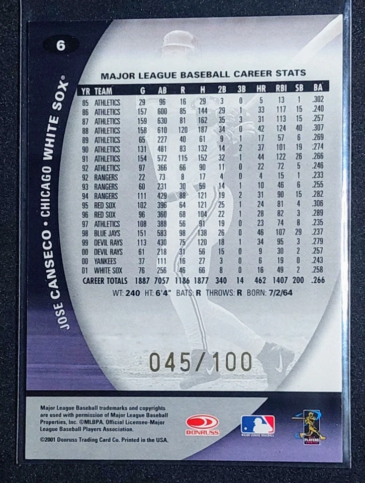 Jose Canseco 2001 Donruss 2001 年级 #6 头等 45/100 SP — 第 2/2 张图片