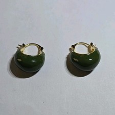 Green Enamel Gold Tone Hoop Earrings Hinged Round Metal Fashion