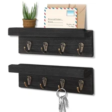 2 Pack Farmhouse Wooden Key Holder Shelf with Hooks Coat Rack Wall Mount