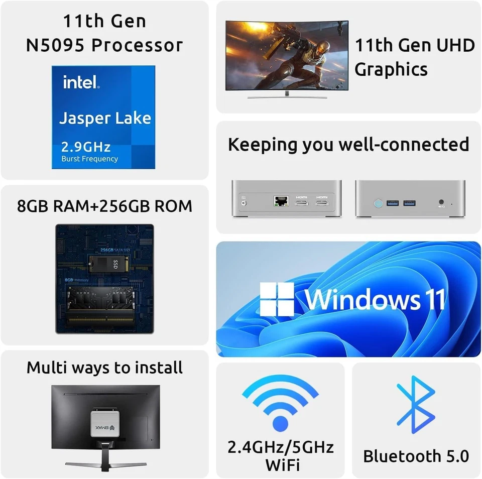 Bmax Mini PC Desktop Computer Intel 11 Gen N5095 /8GB RAM/256GB SSD/Win 11 Pro - Image 3 of 4