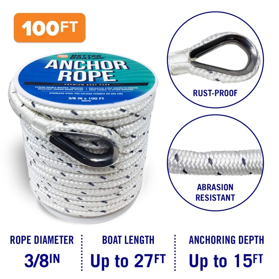 Cuerda de Anclaje de Barco Premium, 100 Pies Doble Trenzado Blanco Nylon Línea Marina, 3/8... Foto 3 de 4