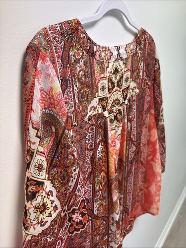 Energe’ World Wear 3/4 Sleeve Orange Paisley Vneck Peasant Shirt Women’s Sz 1X - Picture 8 of 12