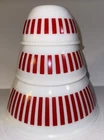 3pc Vintage Hazel Atlas Milk Glass Mixing Bowl Set Red Stripe Nesting Bowls