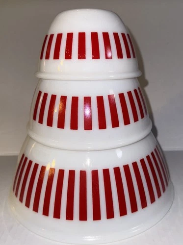 3pc Vintage Hazel Atlas Milk Glass Mixing Bowl Set Red Stripe Nesting Bowls