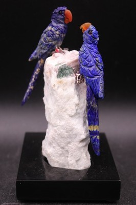 Peter Muller Hand Carved Lapis Macaw Pair on Tourmaline Base