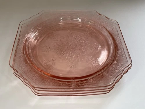 Set Of 4 Vintage Anchor Hocking 9” Pink Depression Glass “Princess” Plates EUC!